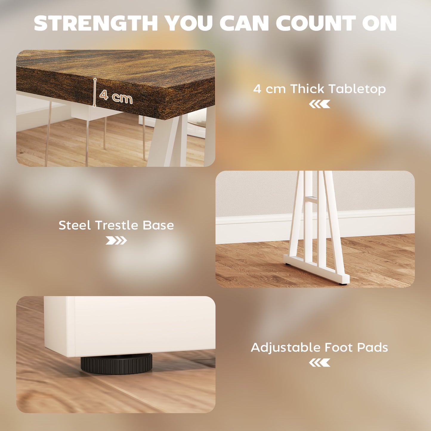 Table de cuisine style Farmhouse pour 8 personnes, rectangulaire avec plateau épais et pieds en tréteaux en acier, marron et blanc
