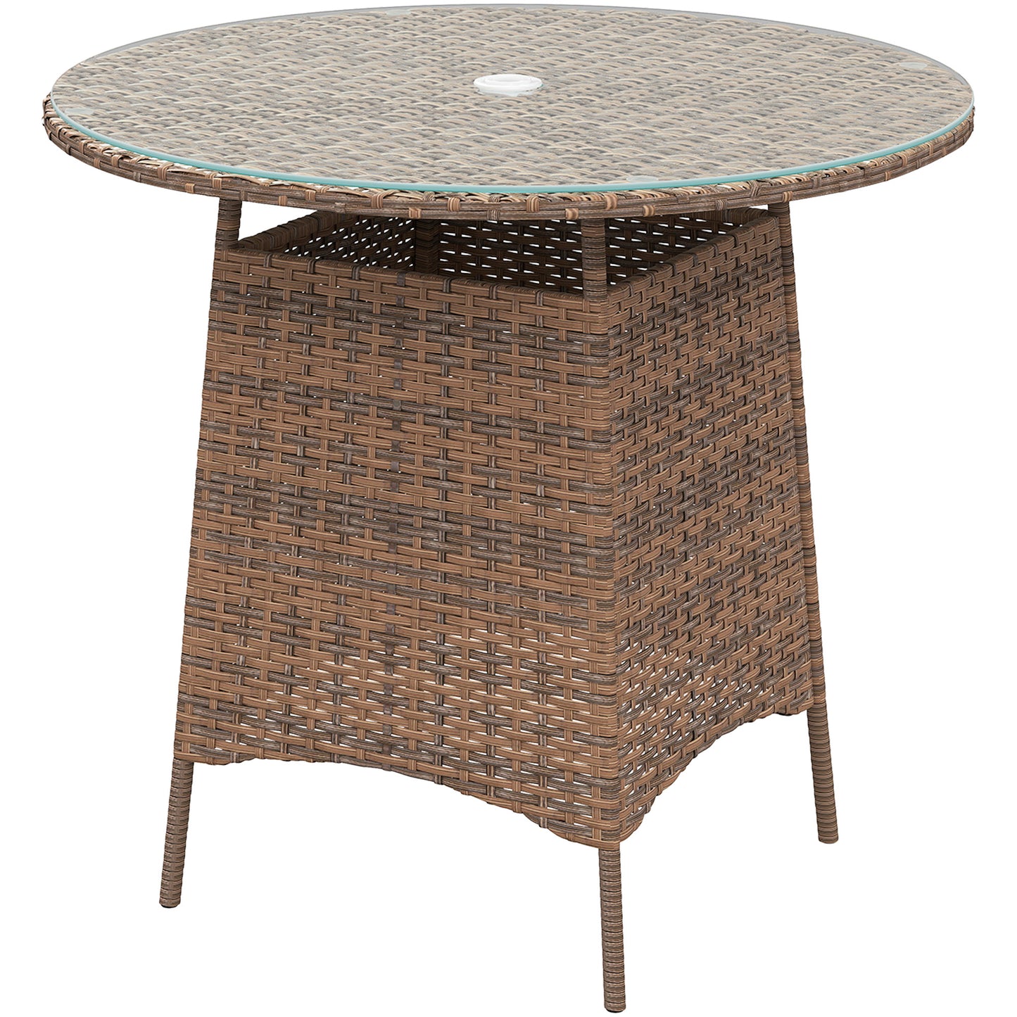 Table de jardin ronde avec trou pour parasol, table basse bistro avec plateau en verre trempé, marron