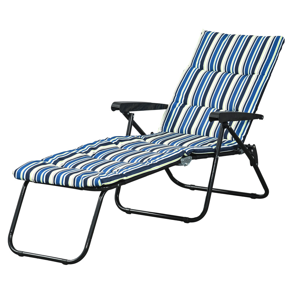 Chaise longue de jardin bleu et blanc avec dossier ajustable en 6 positions, idéale pour se détendre en plein air