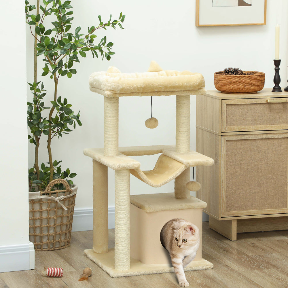 Arbre à chat à plusieurs niveaux de 99,25 cm avec griffoir, hamac, lit, balle et jouet - Beige