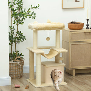 Arbre à chat à plusieurs niveaux de 99,25 cm avec griffoir, hamac, lit, balle et jouet - Beige
