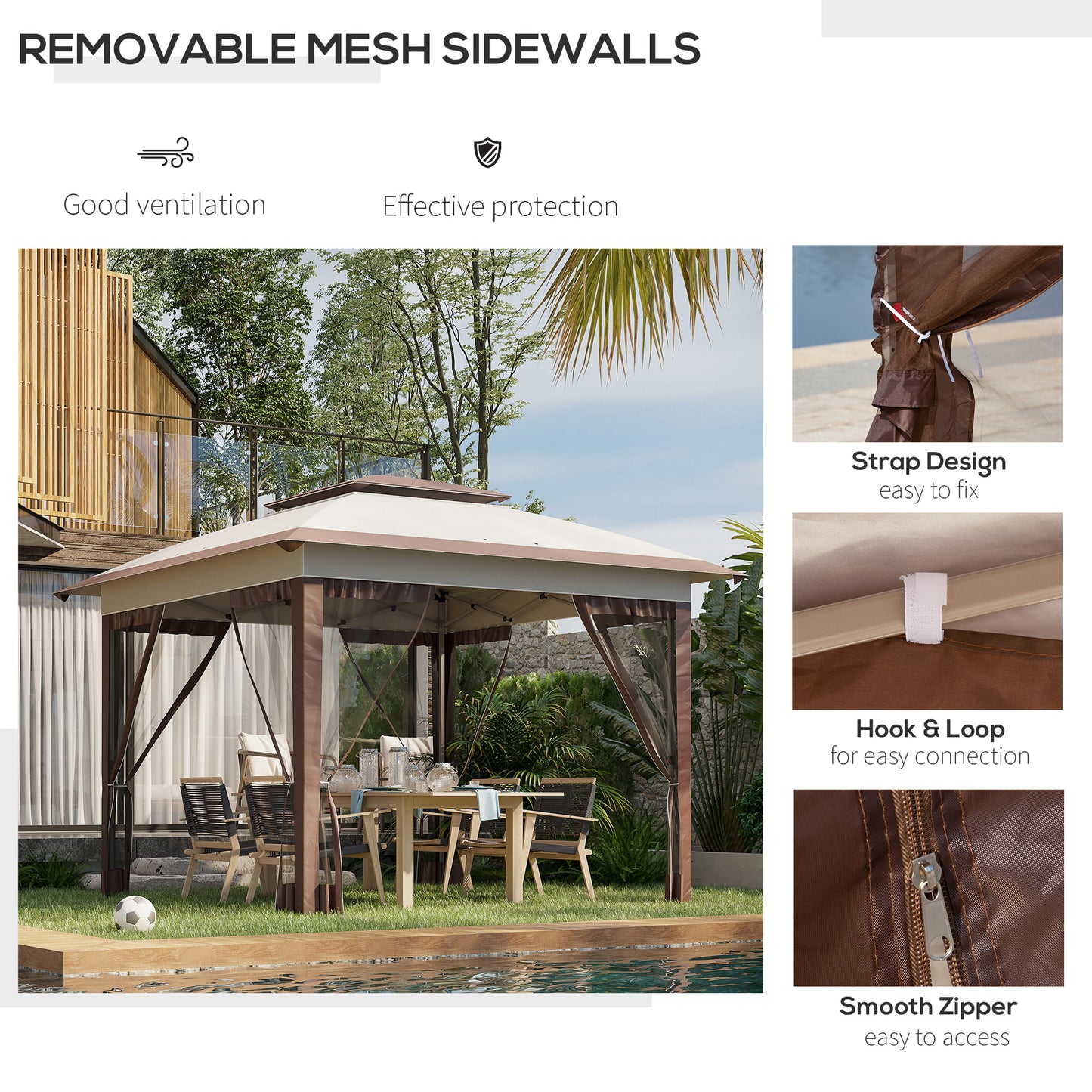 Gazebo 12' x 12' Pop Up pliante instantanée avec parois latérales en maille, hauteur réglable sur 3 niveaux et sac de rangement, beige