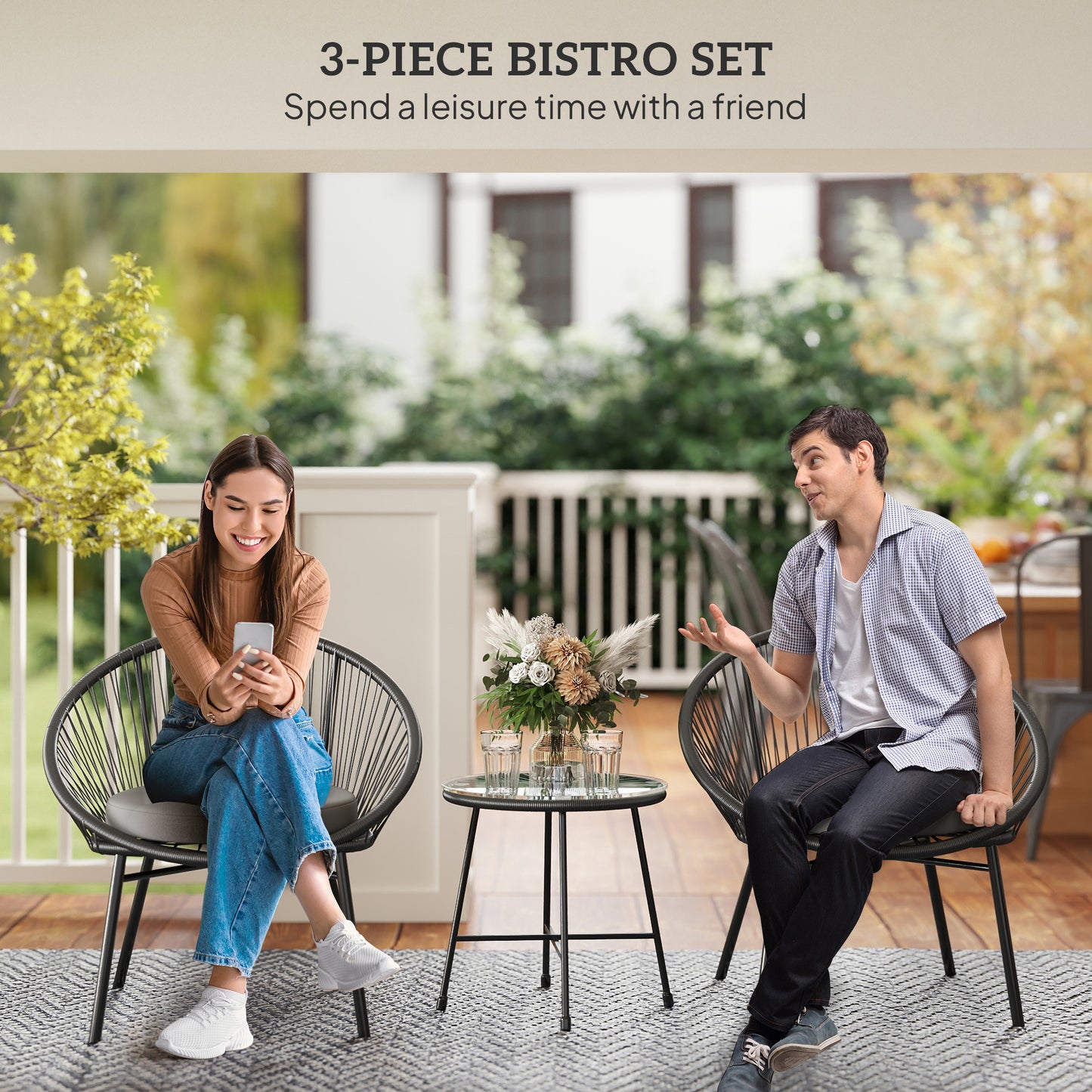 Outsunny 3 Piece Wicker Patio Furniture Set with Soft Cushions, Tempered Glass Top, Garden Bistro Set, Black
