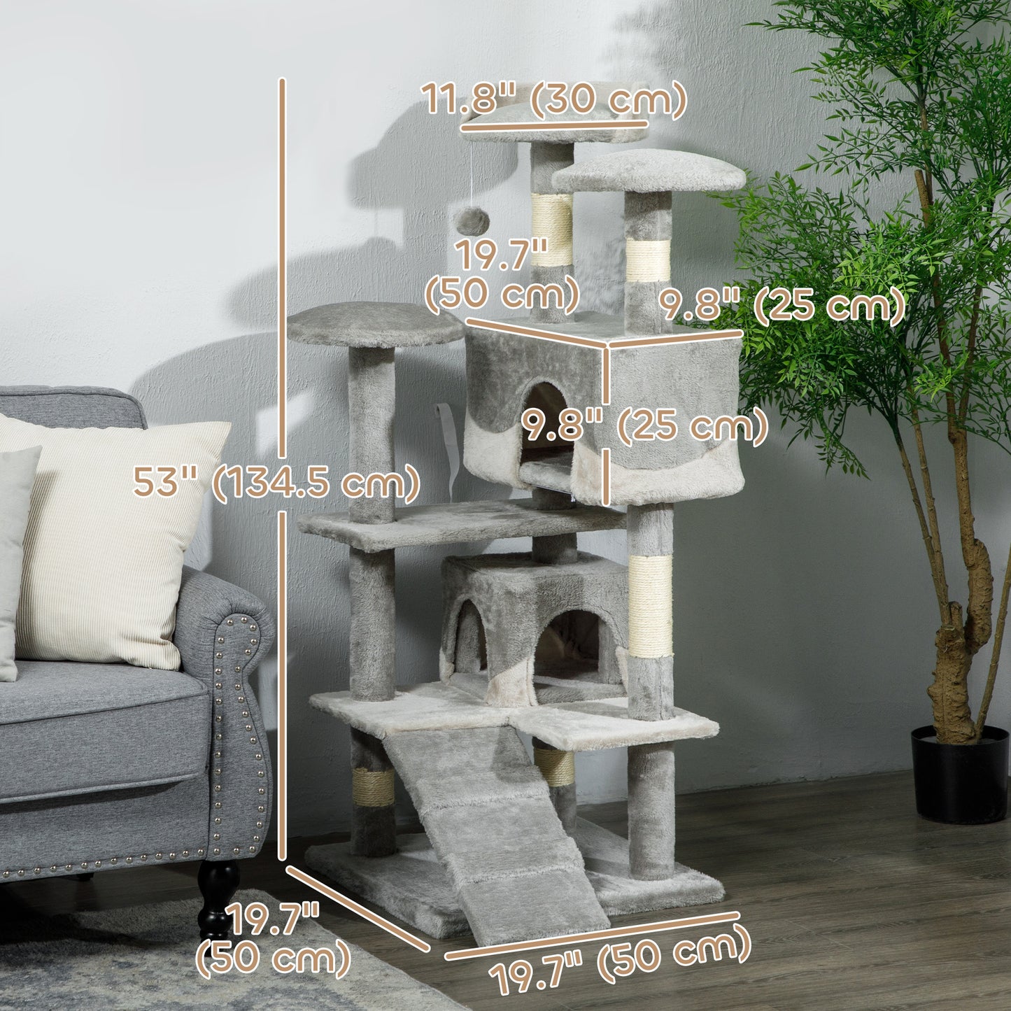 53" Cat Tree with Scratching Post, Large Kitten Playhouse, Multi-Level Activity Center, Gray