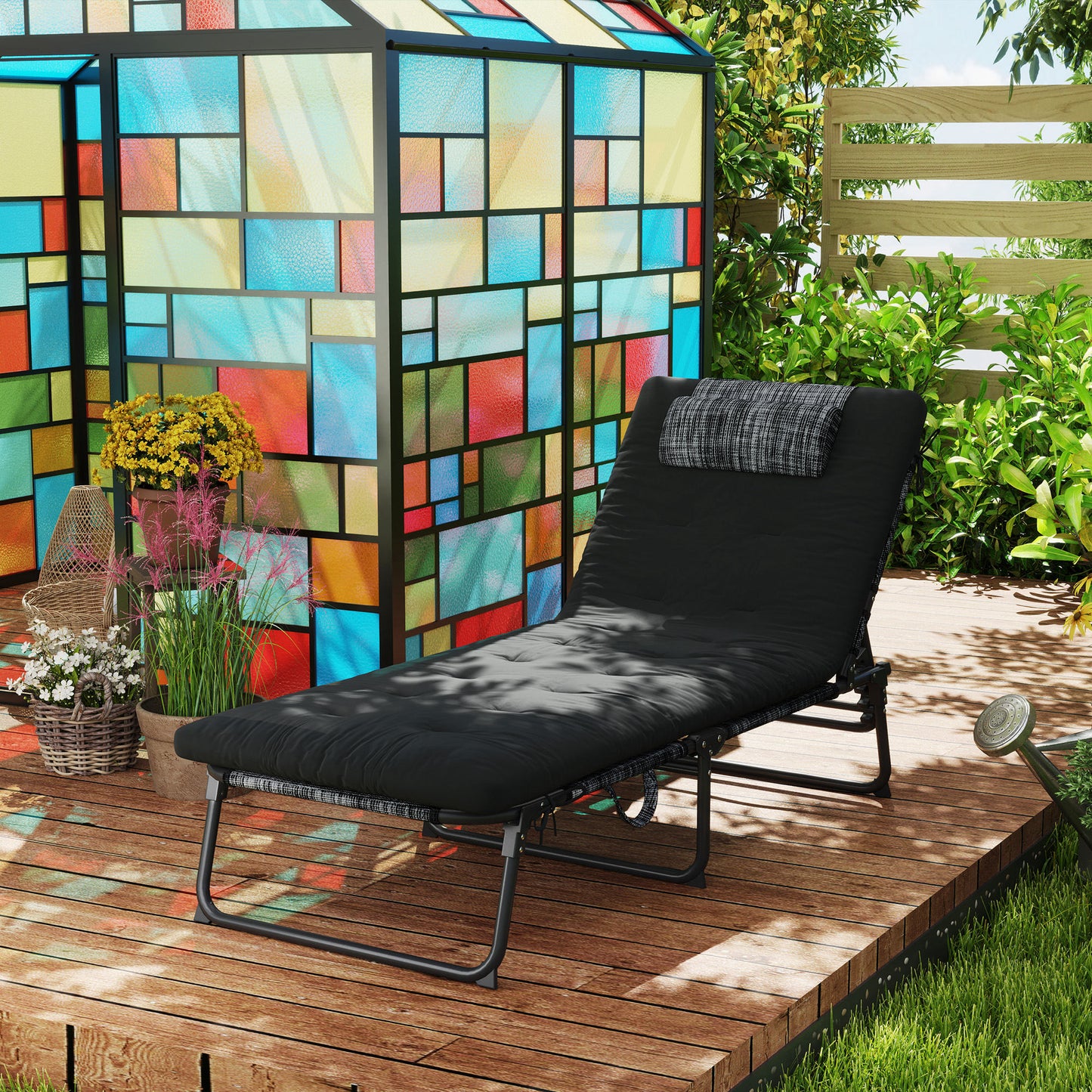Outsunny Folding Lounge Chair with 4-level Reclining Back & Cushion, Black |
