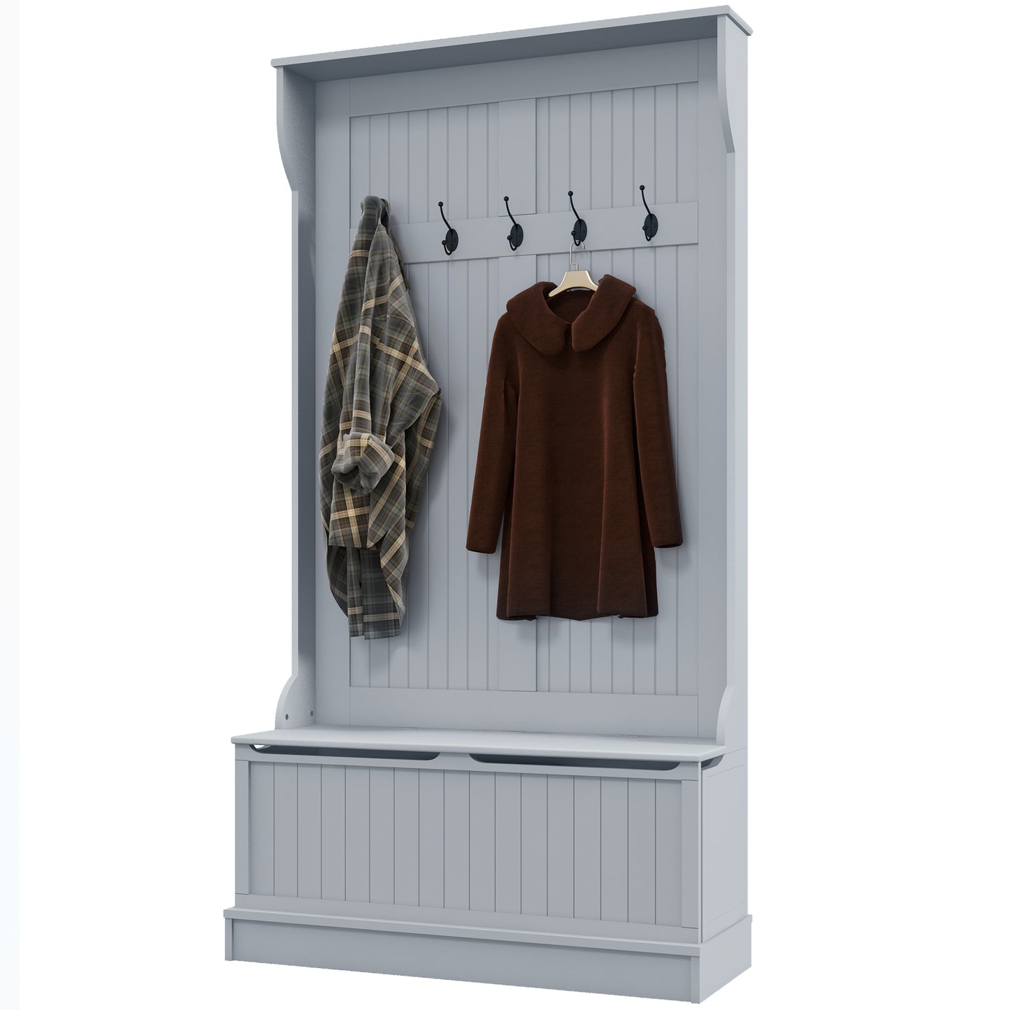 Meuble d'entrée moderne 3 en 1 avec porte-manteau, banc et rangement à chaussures, 5 crochets pour couloir et salon, gris