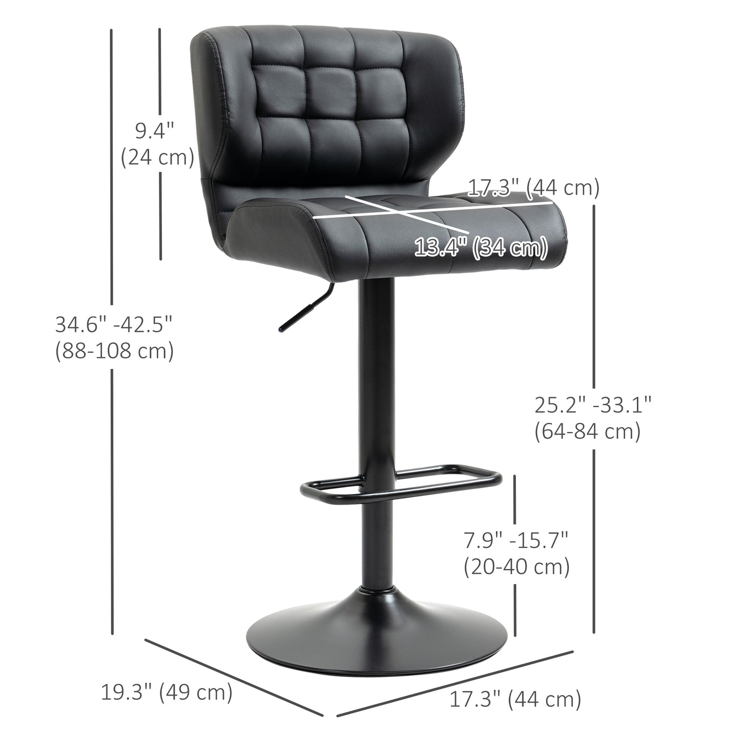 Set of 2 Adjustable Faux Leather Swivel Bar Stools with Footrest, Black