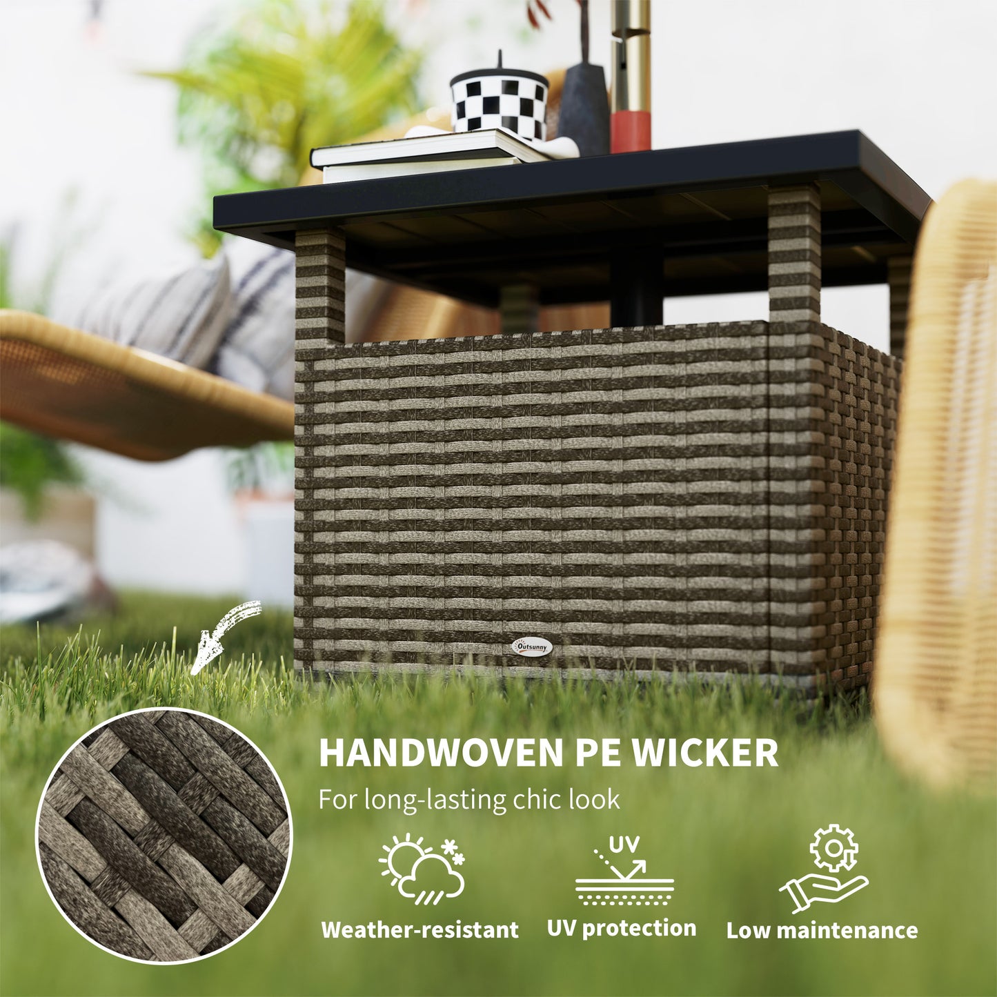 Outsunny 55cm Square Rattan Table with Umbrella Hole, Outdoor Patio Side Table, Can Be Used as an Umbrella Stand, Grey Mix