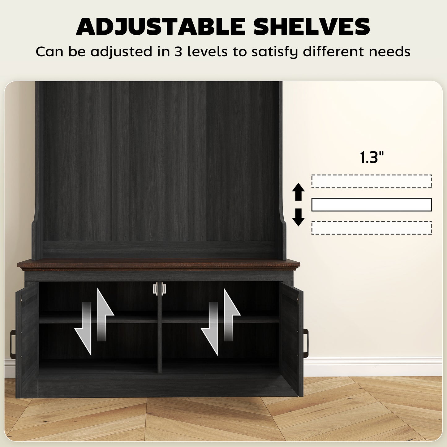 Meuble d'entrée 3 en 1 avec banc, porte-manteau et rangement pour chaussures, noir vieilli