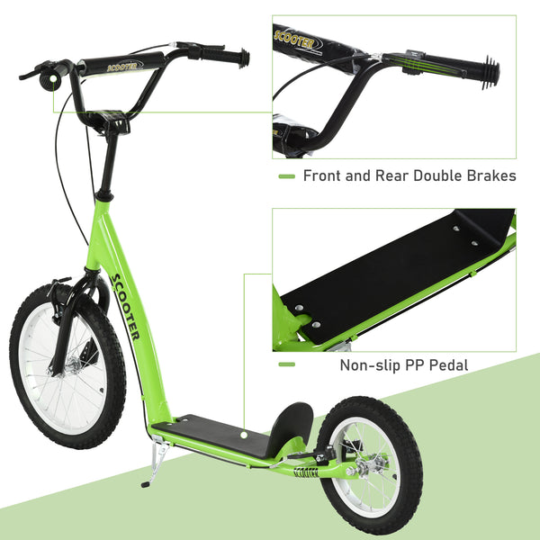 Trottinette avec guidon réglable, double frein, roues gonflables, verte