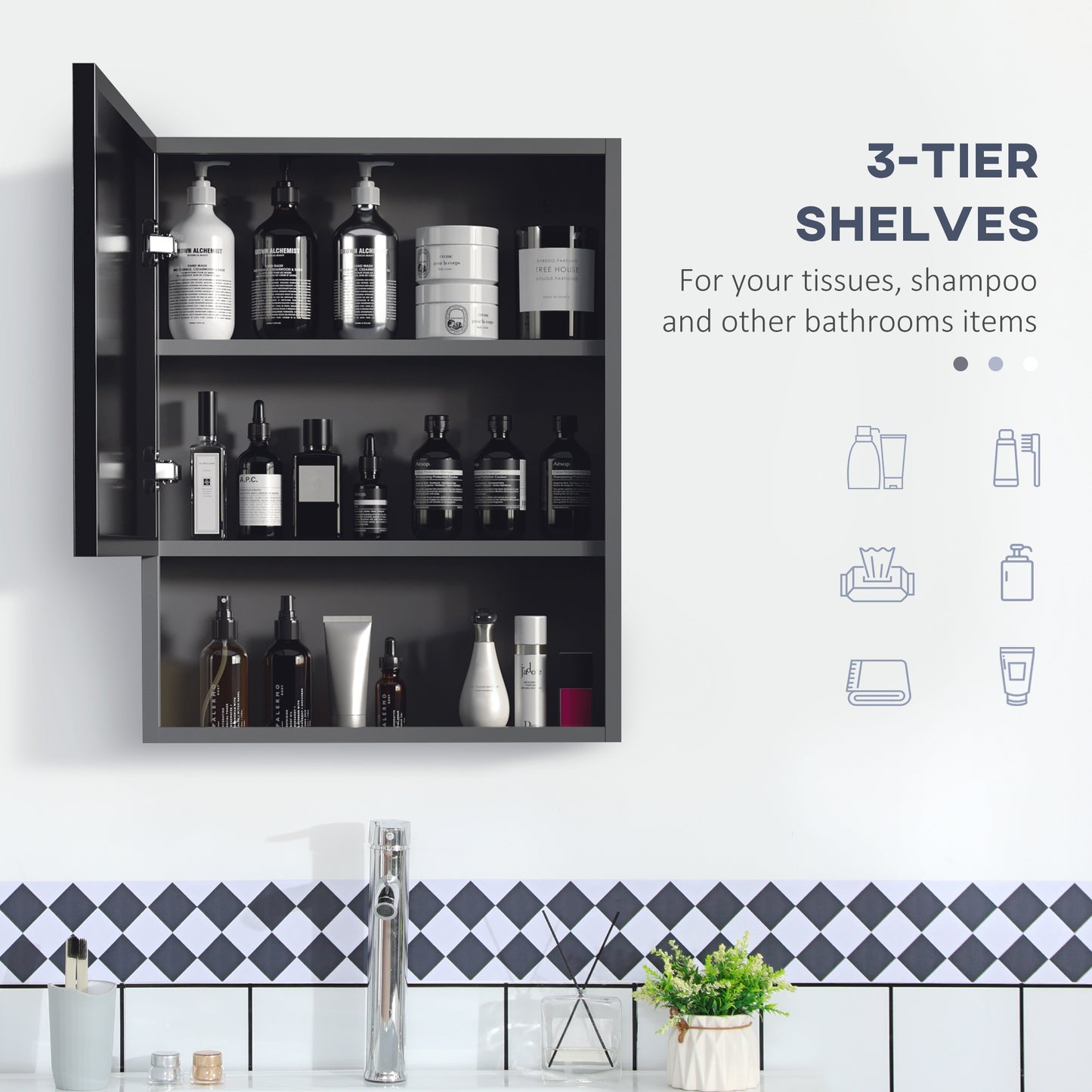 Armoire à miroir murale avec porte simple, étagères de rangement et cadre en acier inoxydable, noire