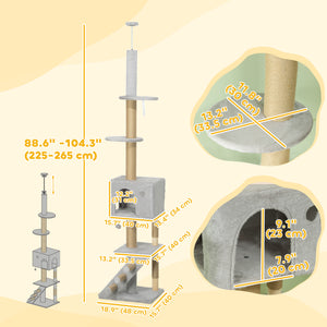 226-254 cm Cat Tree with Scratching Post, House, 3 Steps, Hanging Ball and Perches, Light Grey