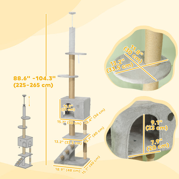 226-254 cm Cat Tree with Scratching Post, House, 3 Steps, Hanging Ball and Perches, Light Grey