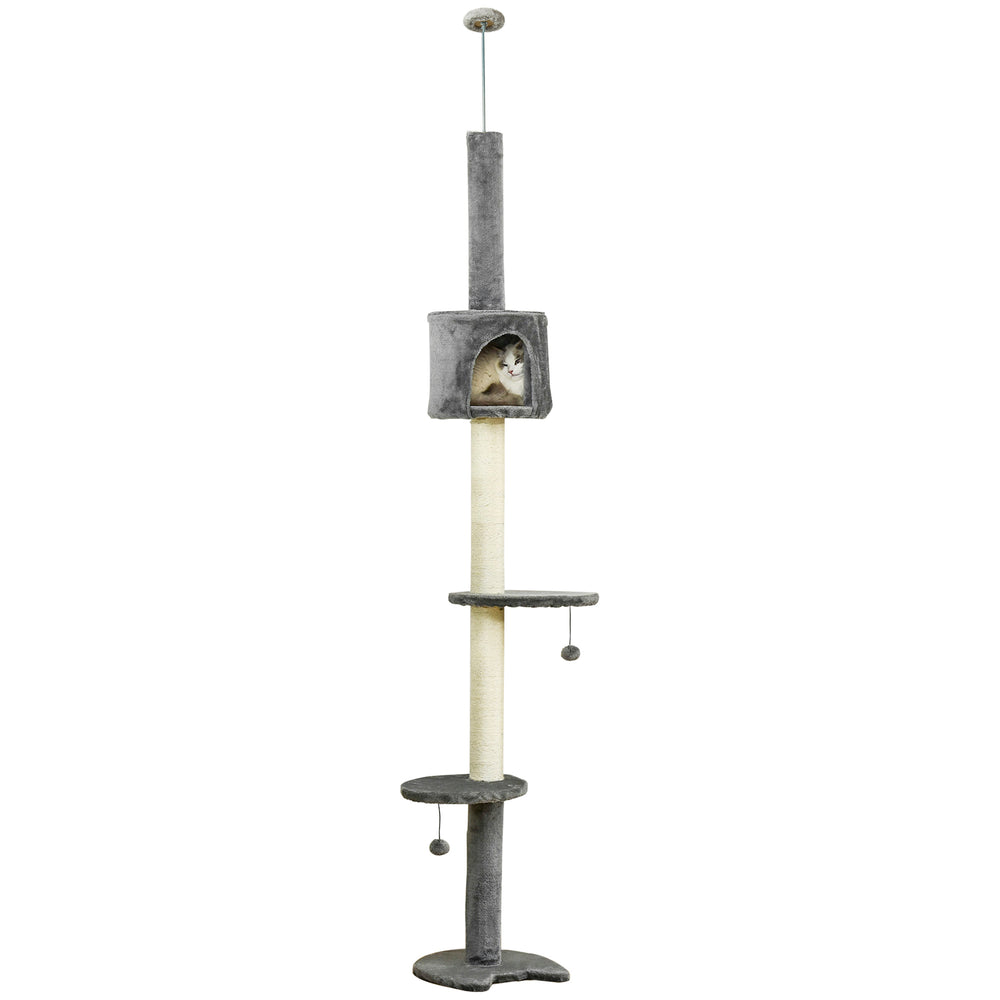 PawHut 4-Level Cat Tree, Ceiling Height, High Tower with Scratching Post, Soft Padding, Play Ball, Indoor Cat House, Light Grey
