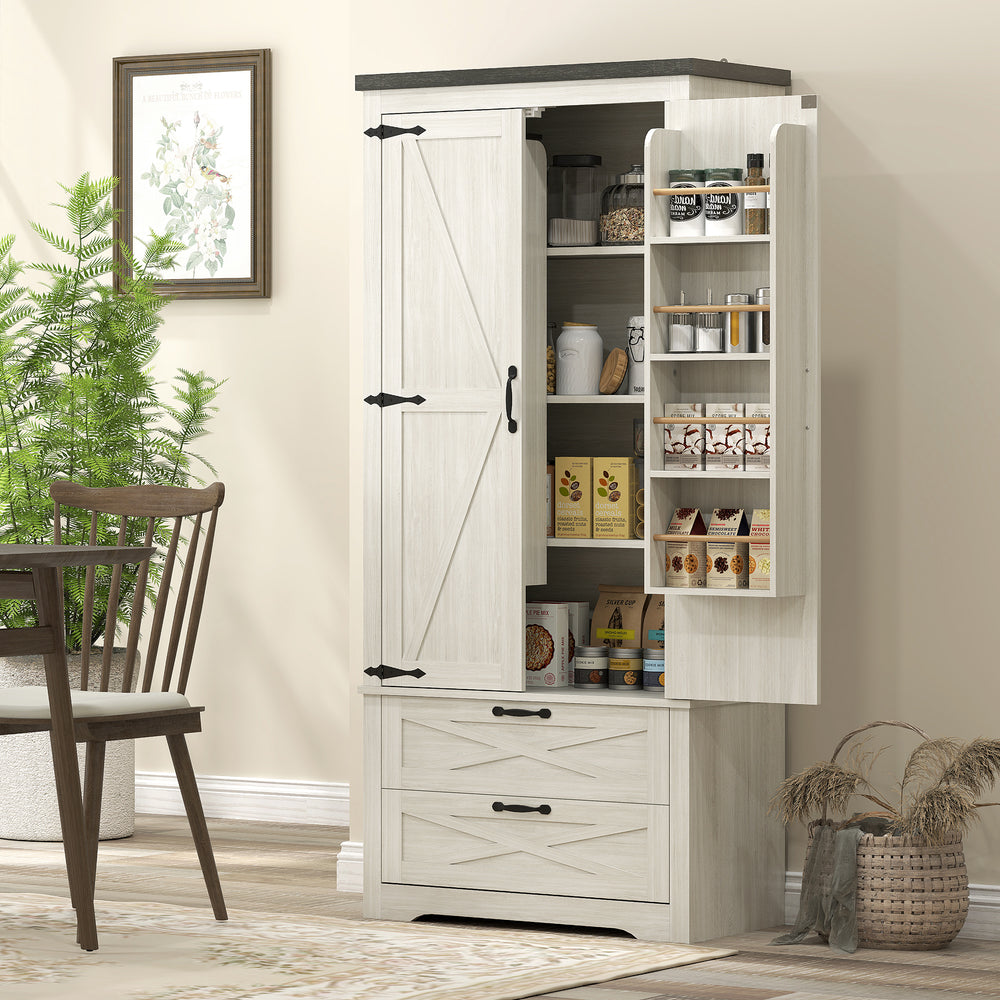 Garde-manger de style campagnard avec tiroirs, blanc vieilli