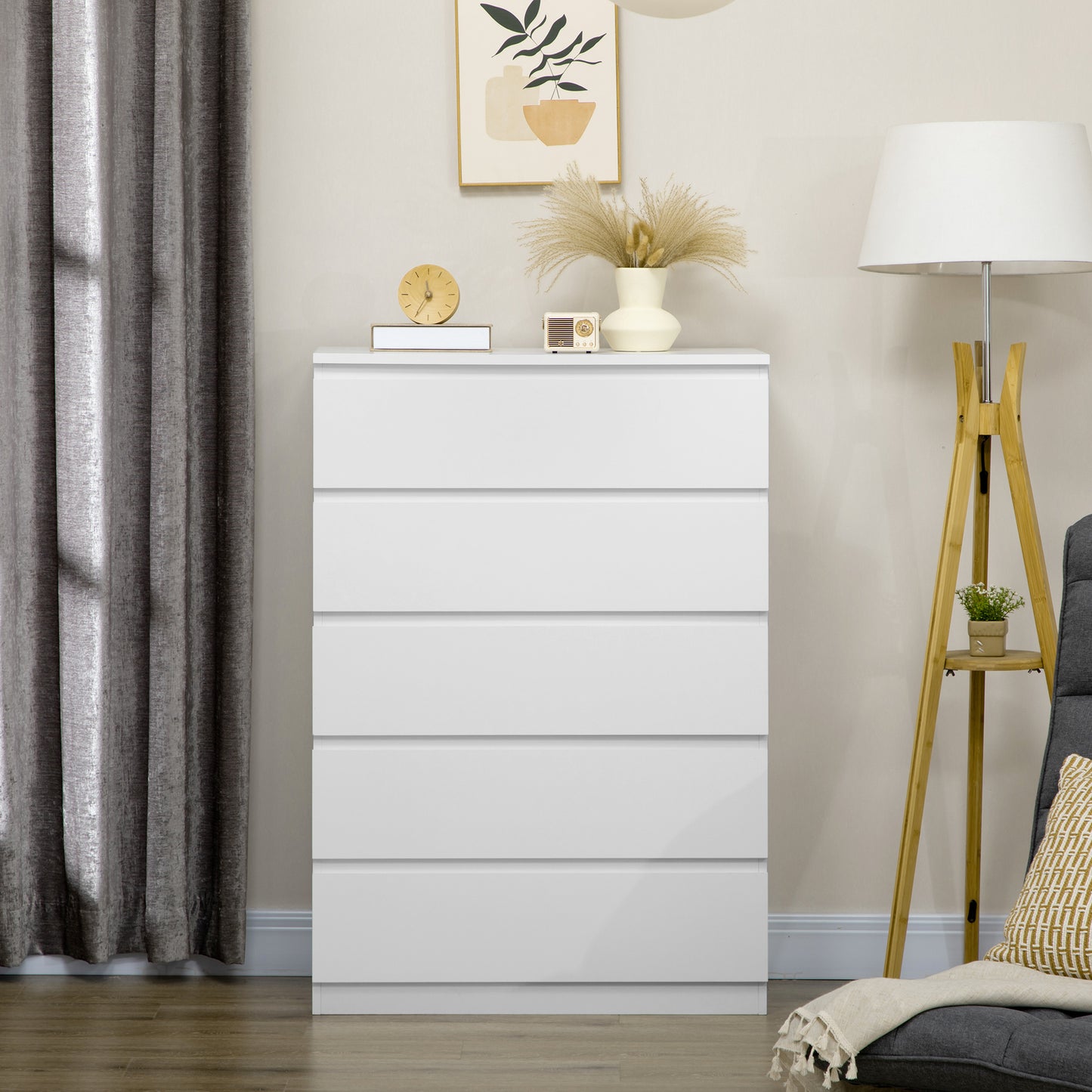 Commode 5 tiroirs pour chambre à coucher avec glissières en alliage de zinc, blanc