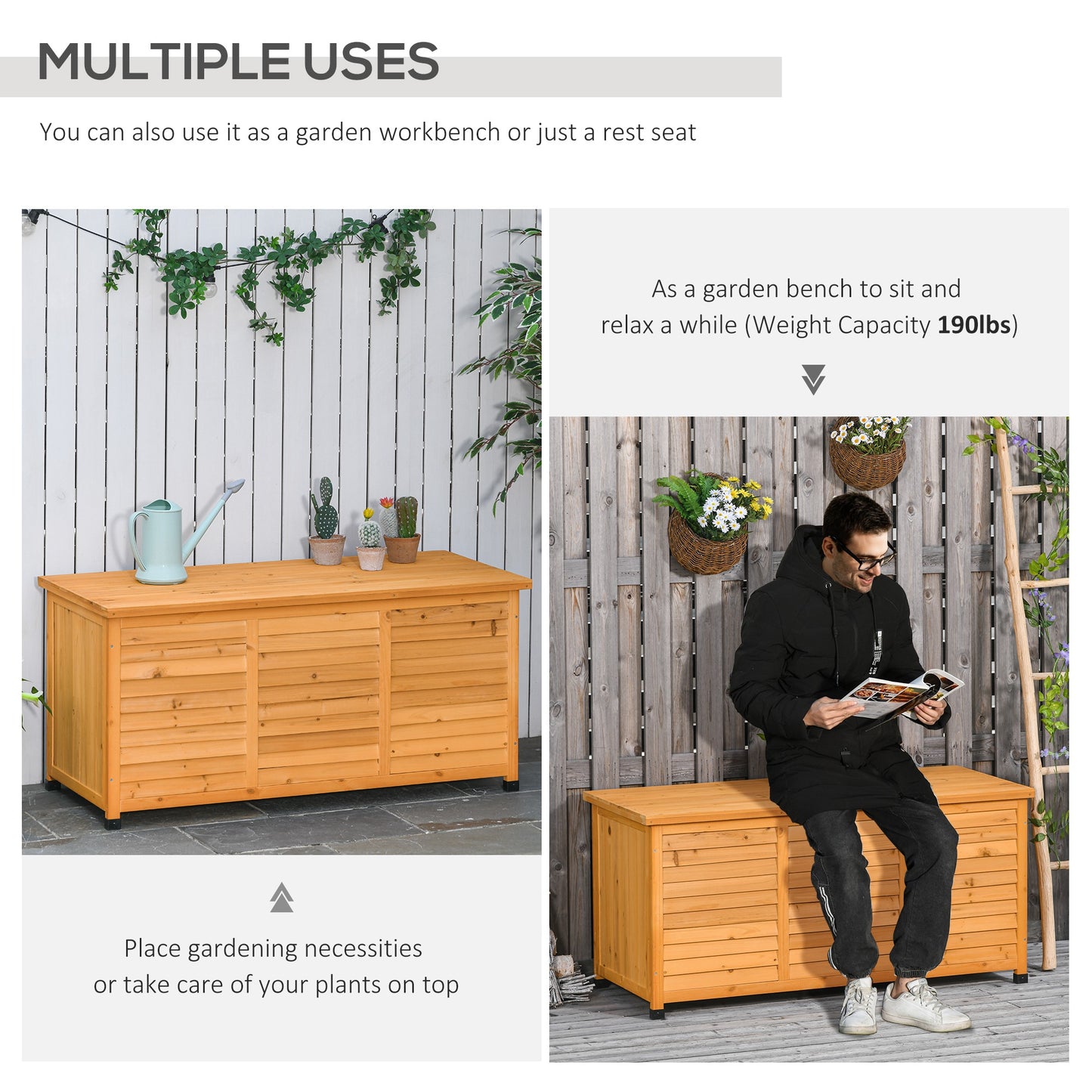 Coffre de rangement en bois de 75 gallons avec fente d'aération et finition résistante aux intempéries, jaune