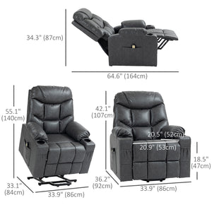 Fauteuil releveur inclinable électrique en cuir avec télécommande et porte-gobelets, gris