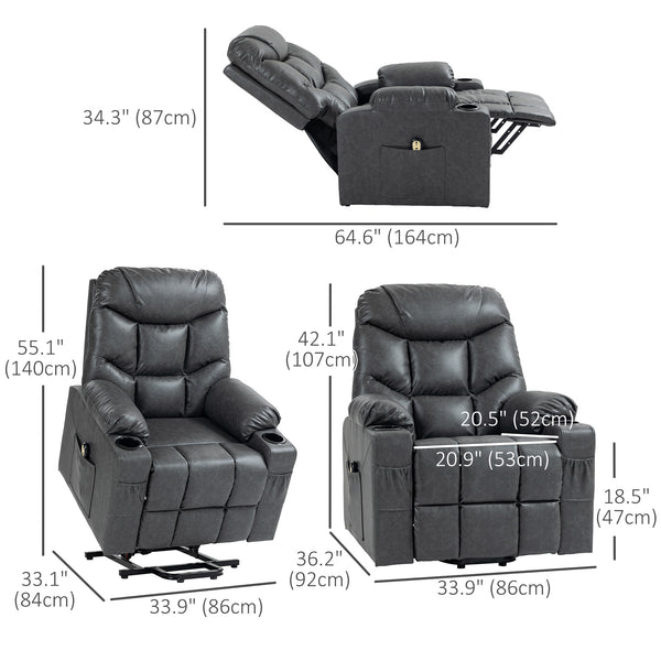 Fauteuil releveur inclinable électrique en cuir avec télécommande et porte-gobelets, gris