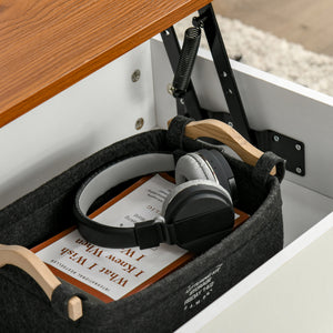 Table basse relevable avec compartiment de rangement dissimulé, blanc et marron