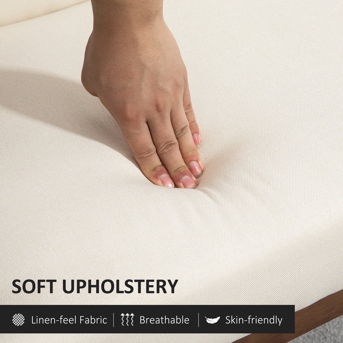 Compact sofa bed in linen fabric with rubberwood legs, cream white