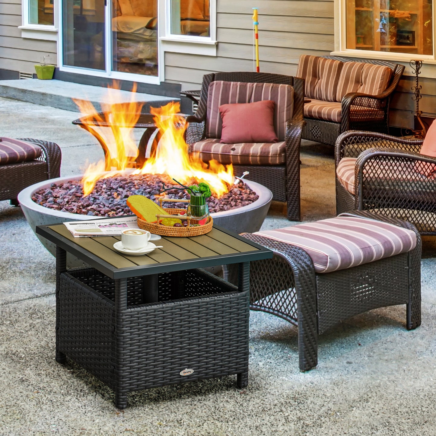 Outsunny 55cm Square Rattan Table with Umbrella Hole, Outdoor Dining Side Table, Can Be Used as an Umbrella Stand, Black