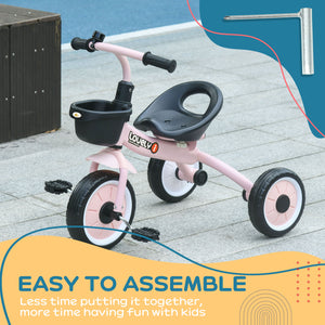 Tricycle avec siège réglable, panier, sonnette, rose
