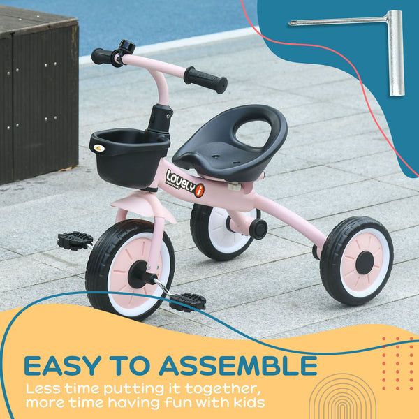 Tricycle avec siège réglable, panier, sonnette, rose