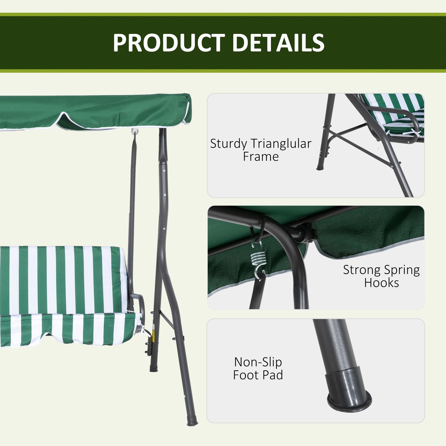 Outsunny 3 Seater Patio Swing, Outdoor Swing Chair with Adjustable Canopy, Removable Cushion and Weatherproof Steel Frame, for Garden, Poolside, Green and White