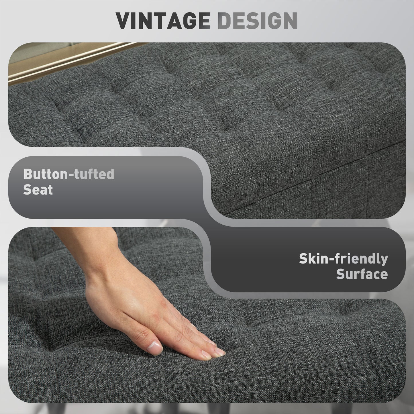 Pouf de rangement, banc de chevet en tissu lin avec capitonnage à boutons, gris