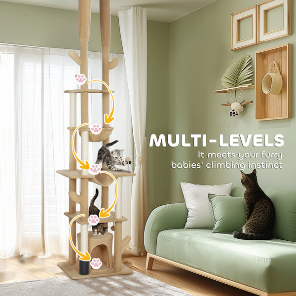 Cat tree 226-254 cm, ceiling height with scratching posts, grooming brush and niche, brown