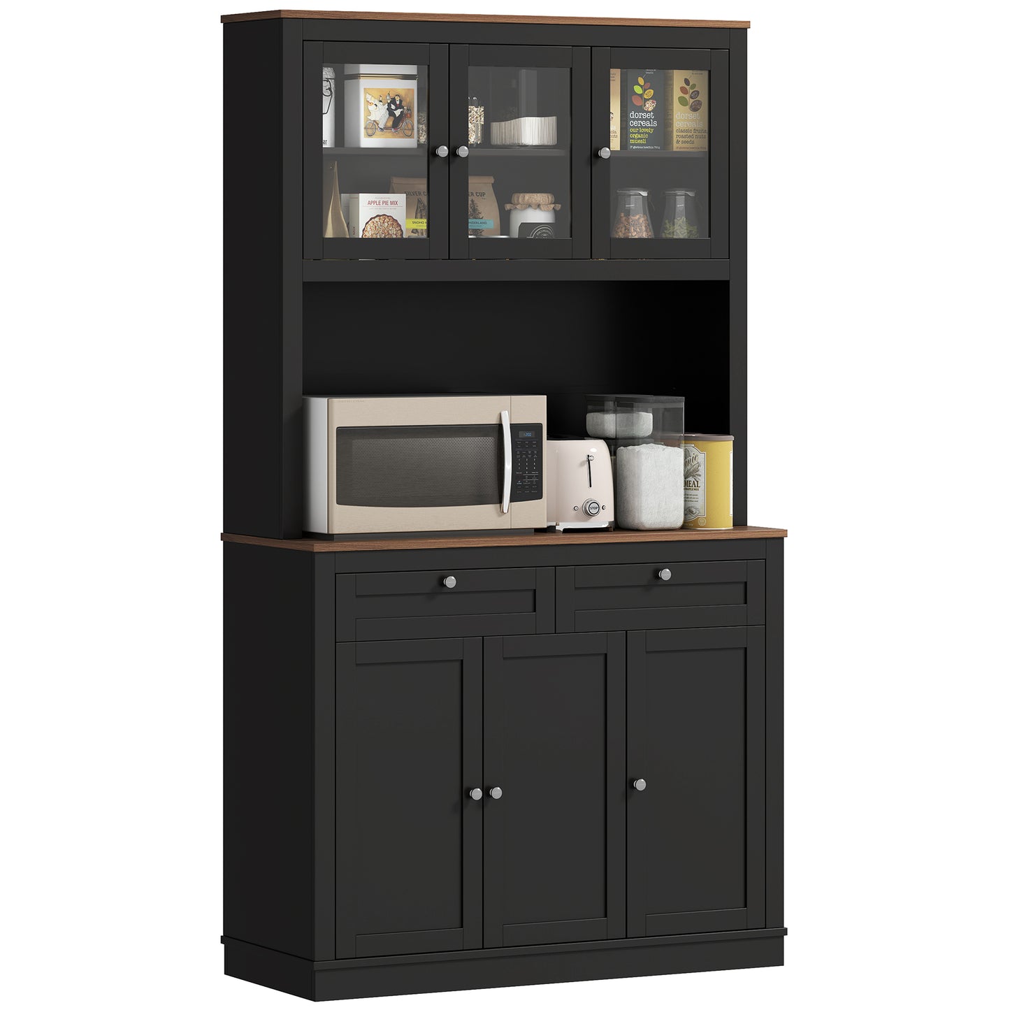 Armoire de rangement avec espace micro-ondes, buffet avec huche, 2 tiroirs, étagères réglables et portes vitrées, noir