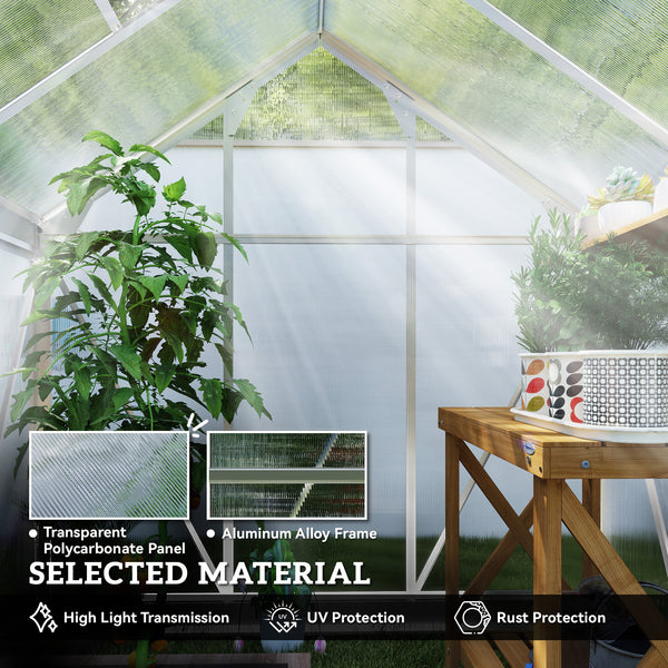 6' x 4' x 6.6' Polycarbonate Greenhouse, Galvanized Aluminum Sheet Frame with Gutter, Ventilation and Sliding Door, Silver