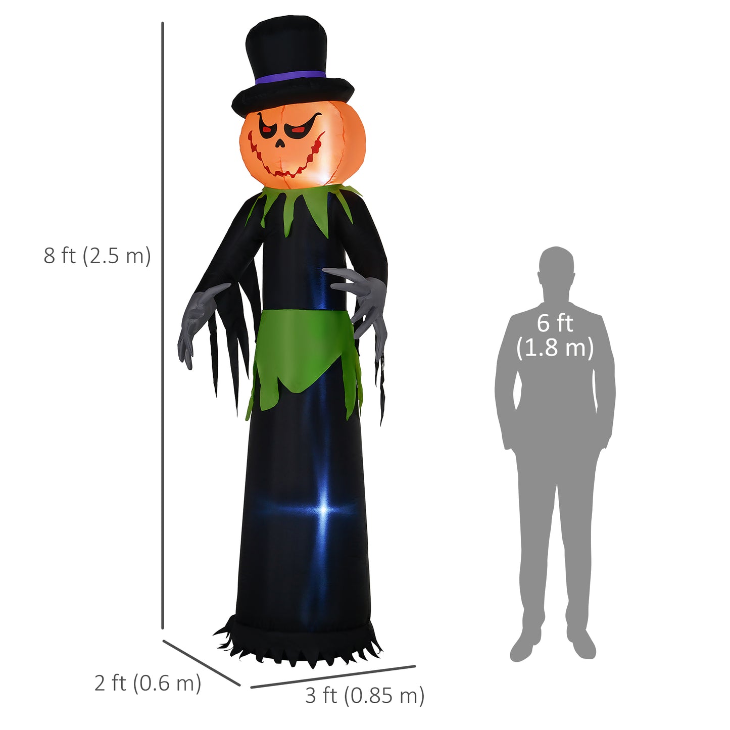 Gonflable tête de citrouille fantôme de 2.4m avec chapeau, décoration gonflable d'extérieur avec lumières LED