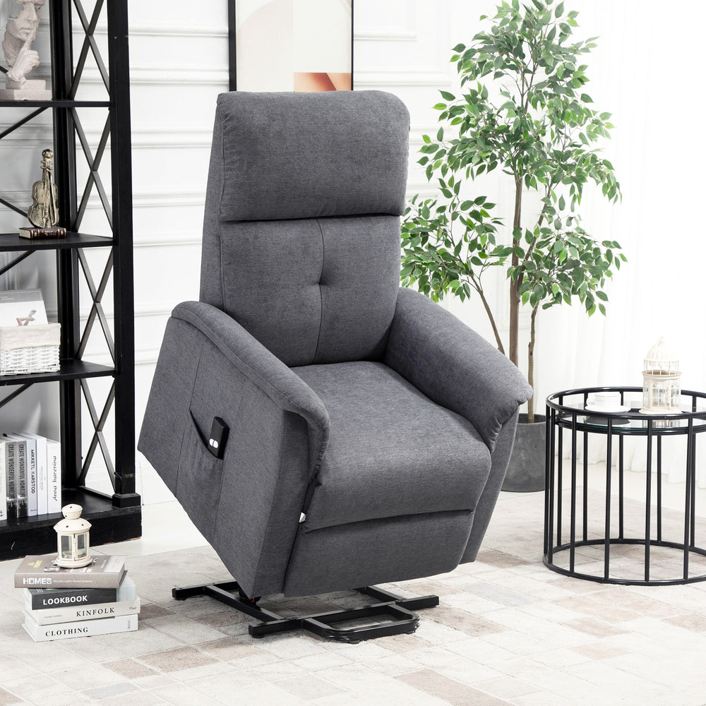 Fauteuil releveur électrique inclinable avec télécommande et poche latérale, gris