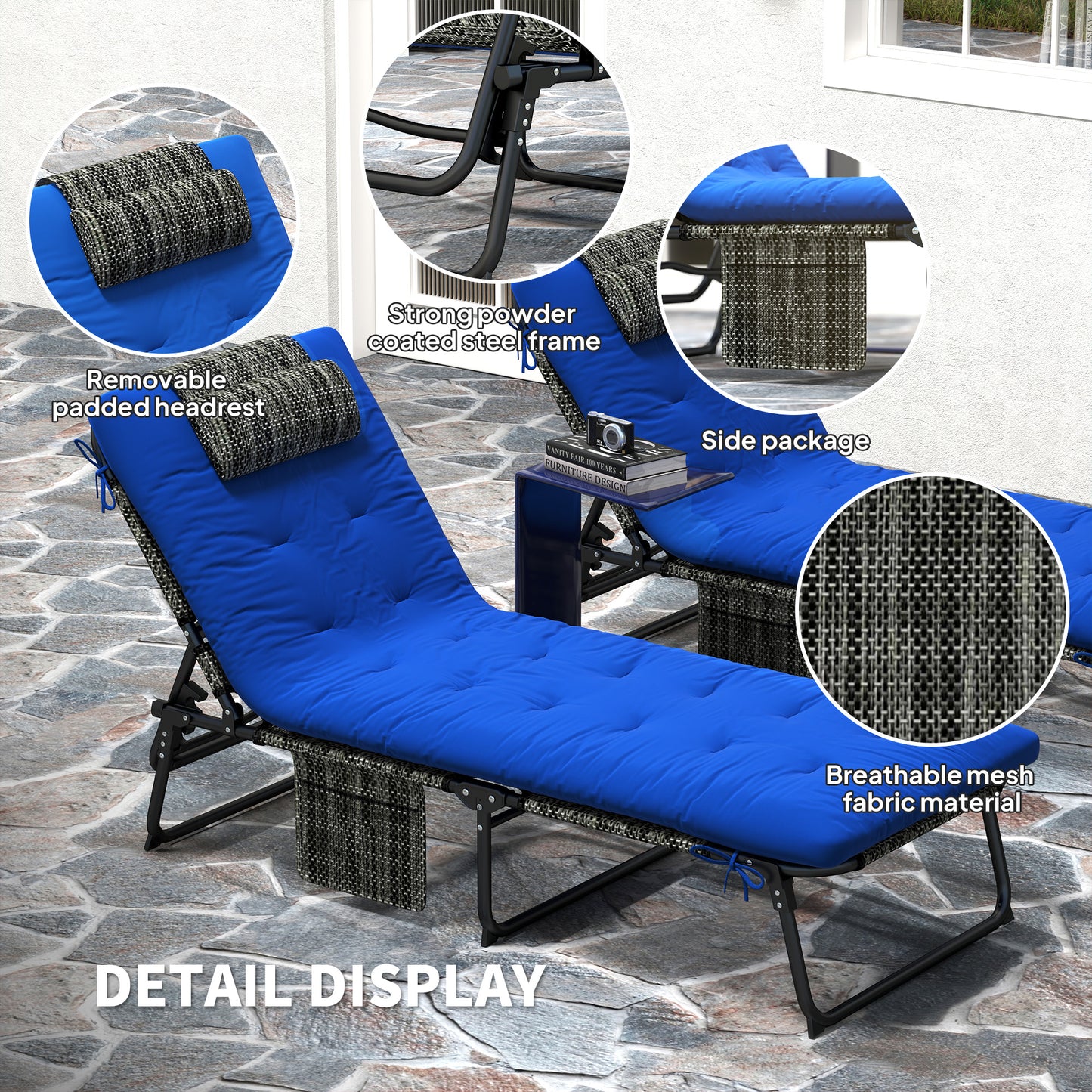 Lot de 2 chaises longues pliantes avec dossier inclinable à 4 niveaux, chaise longue d'extérieur avec coussin, tissu en maille respirante, poche latérale, appui-tête, bleu