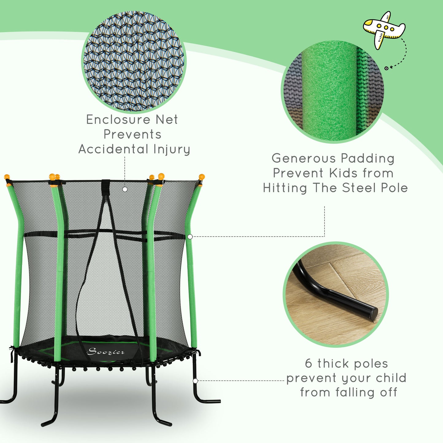 64" Kids Indoor/Outdoor Trampoline with Enclosure Net, Thick Padded Elastic Pole, for Ages 3-10, Green