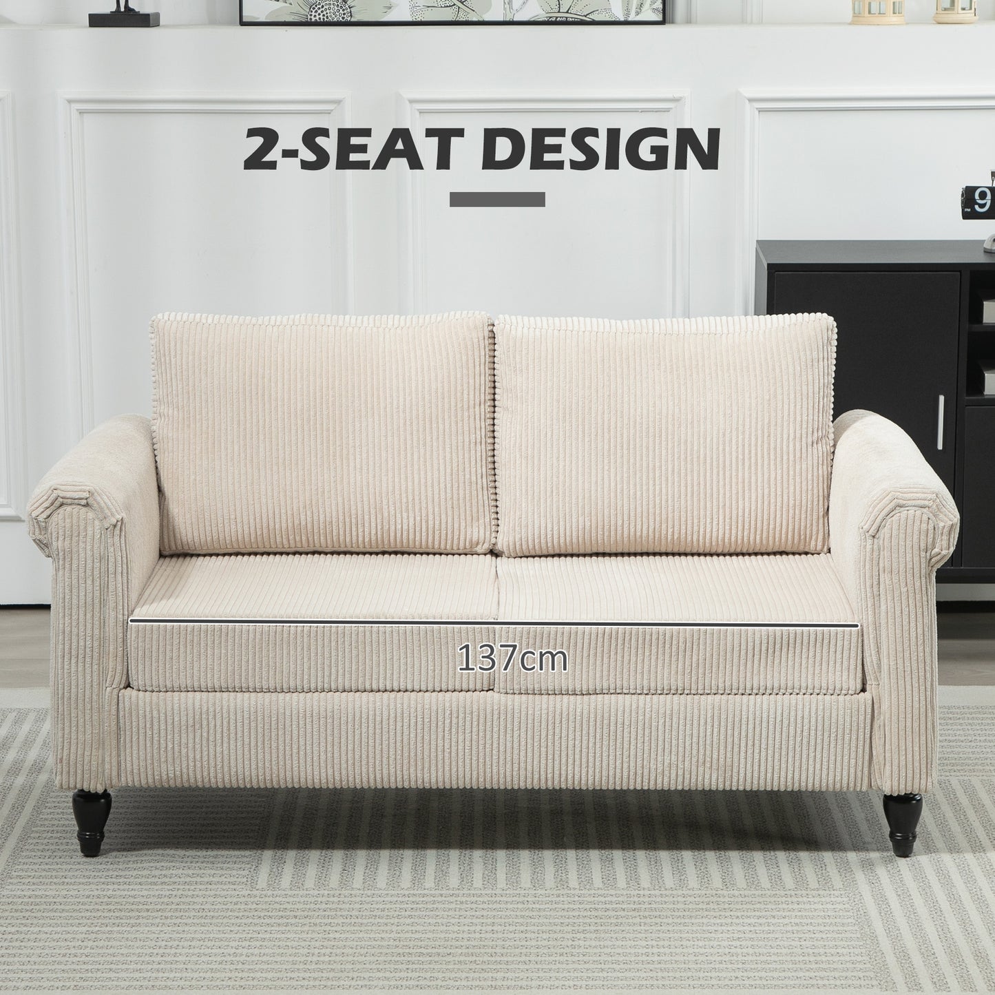 Canapé 2 places vintage avec accoudoirs roulés et pieds en bois d'hévéa, beige