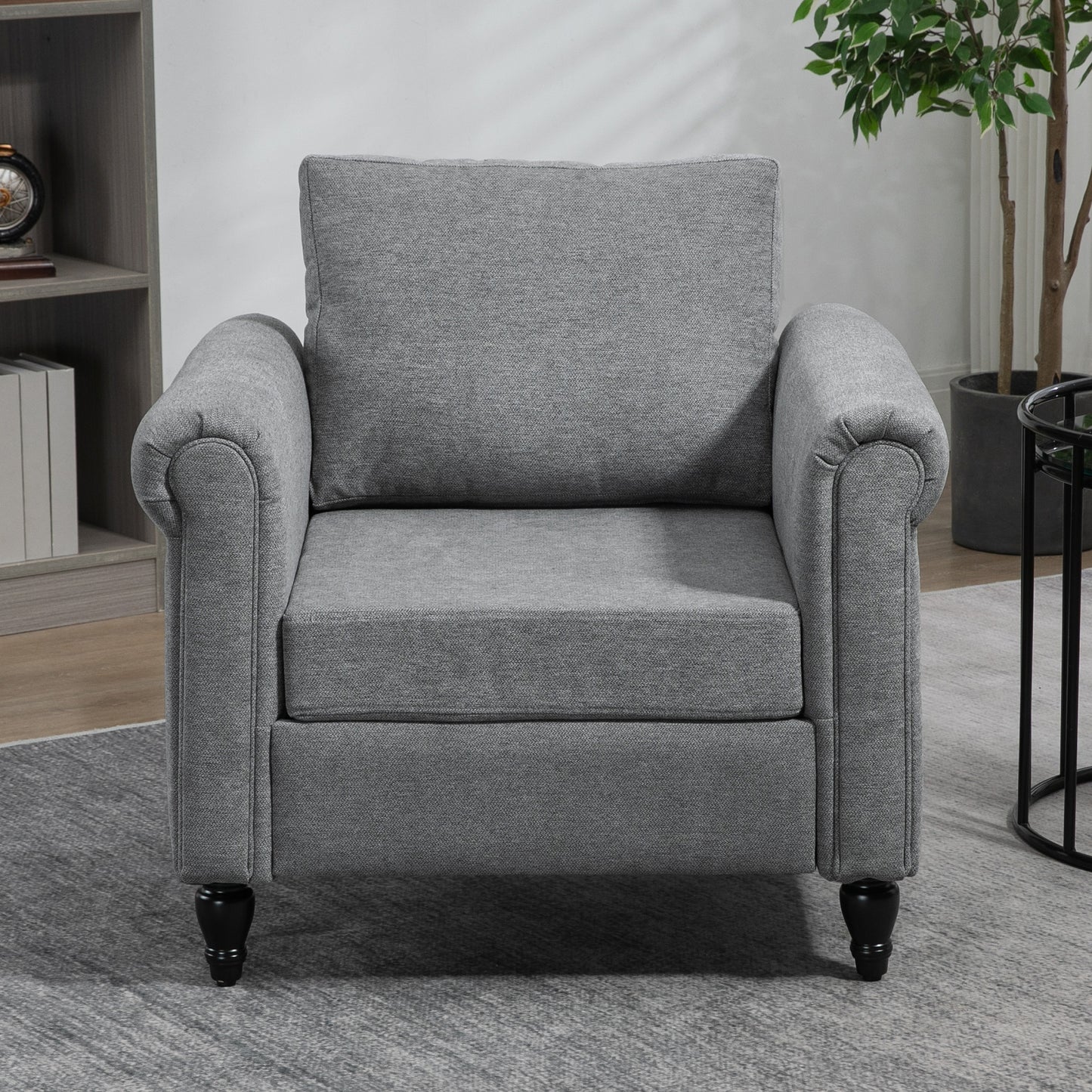 Fauteuil d'appoint rembourré avec accoudoirs, pieds en bois d'hévéa en forme de gourde, gris clair