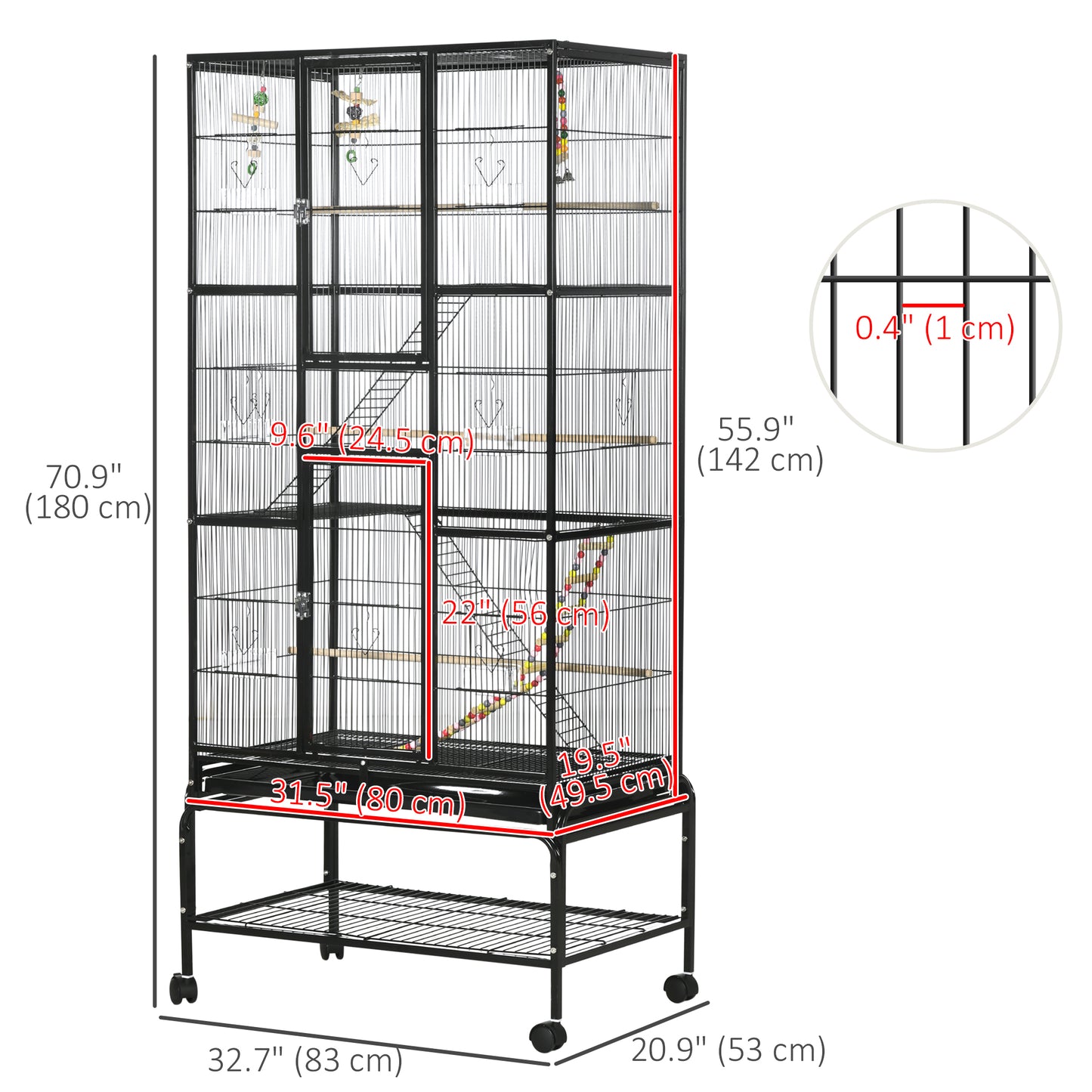 Cage à oiseaux avec roulettes, perchoirs, rampe, étagère de rangement, jouets pour canaris, pinsons, calopsittes et perruches, noire