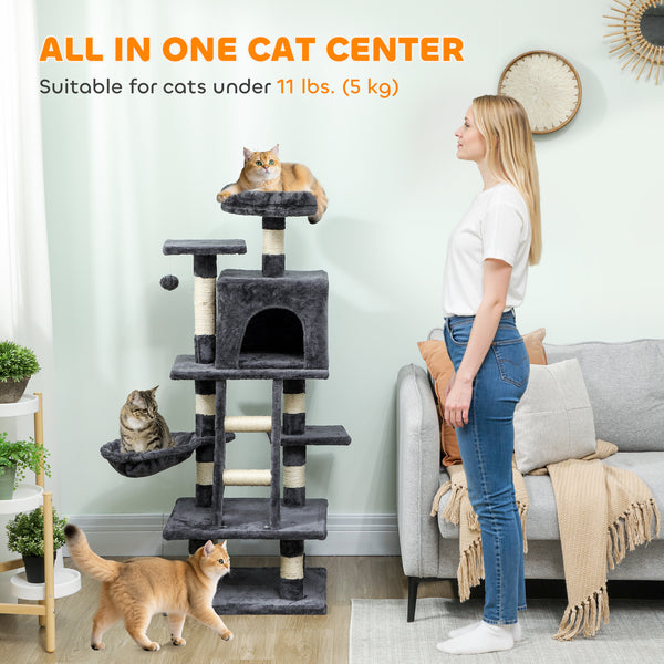 Grand arbre à chat de 132 cm pour chats d'intérieur, gris foncé