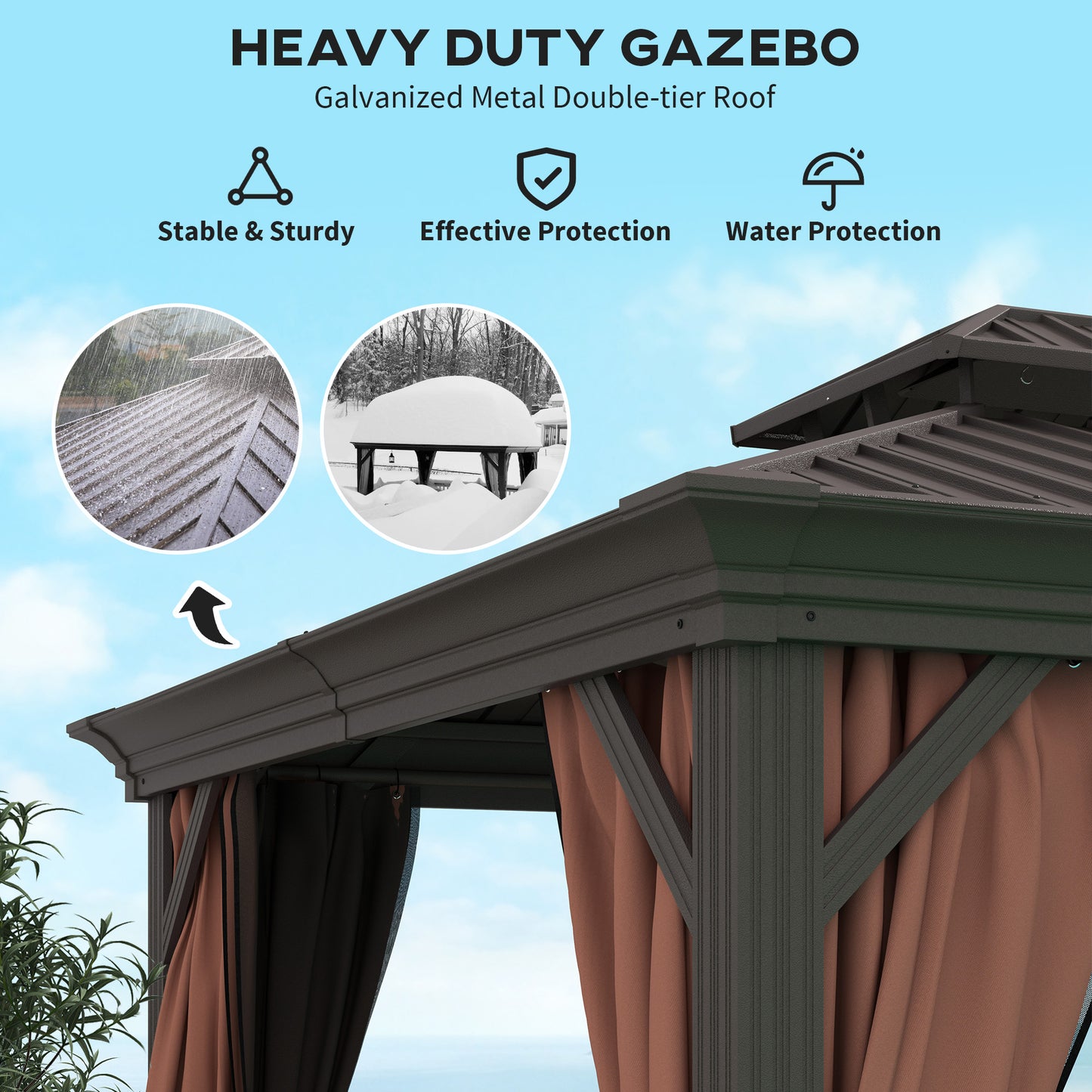 Outsunny 10' x 12' Outdoor Hardtop Gazebo with Galvanized Canopy and Mesh Sidewalls for Lawn and Garden, Dark Brown
