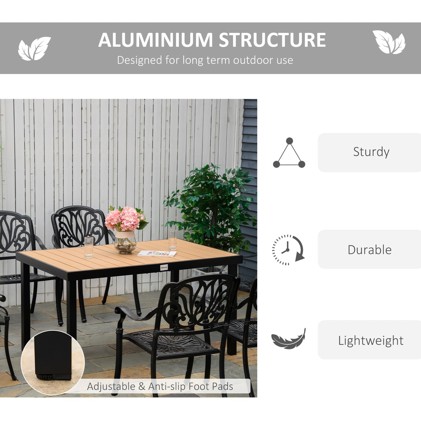 Table de salle à manger d'extérieur en aluminium pour 6 personnes, naturel