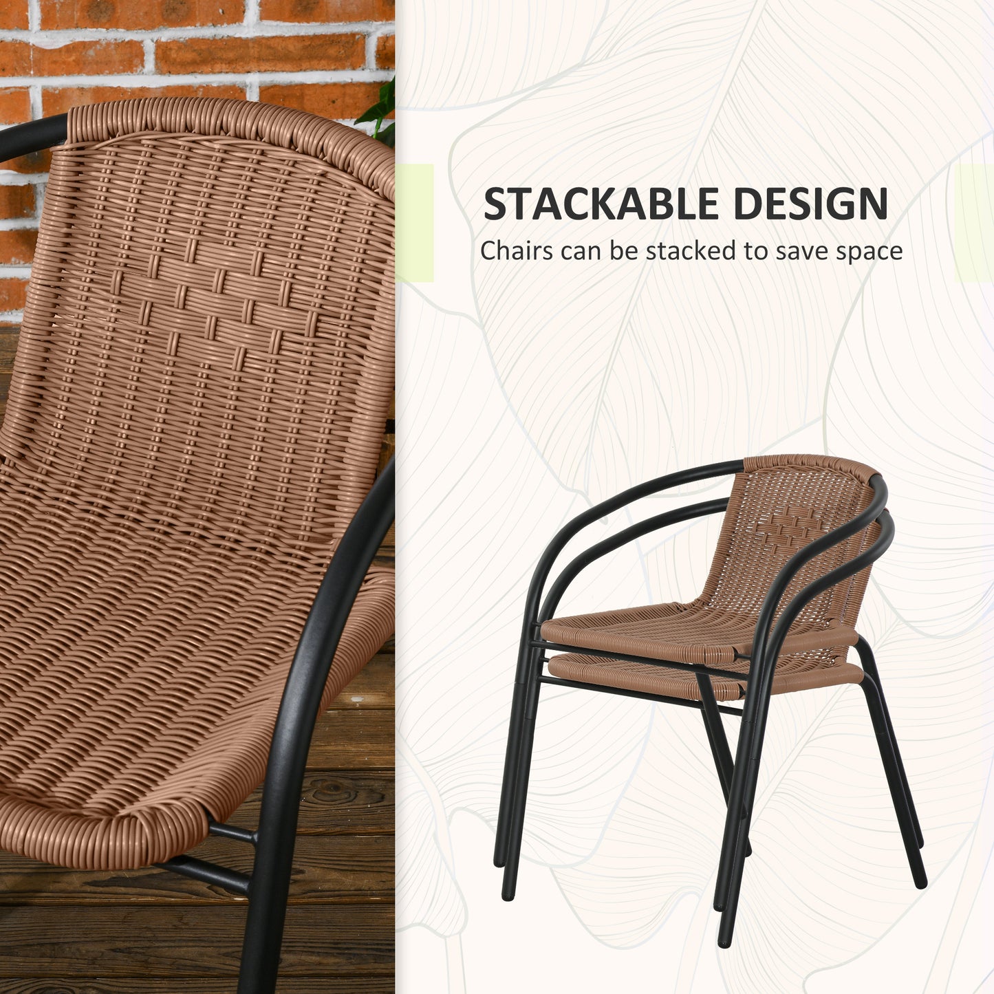 Outsunny 3-Piece Wicker Outdoor Furniture Set with 2 Stacking Chairs and Tempered Glass Coffee Table for Garden Backyard, Brown