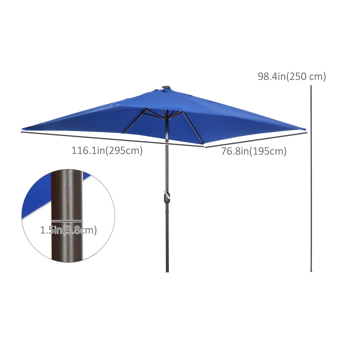 Parasol de terrasse rectangulaire 2 x 3 m, inclinable et solaire, en aluminium, avec manivelle et LED (bleu foncé)