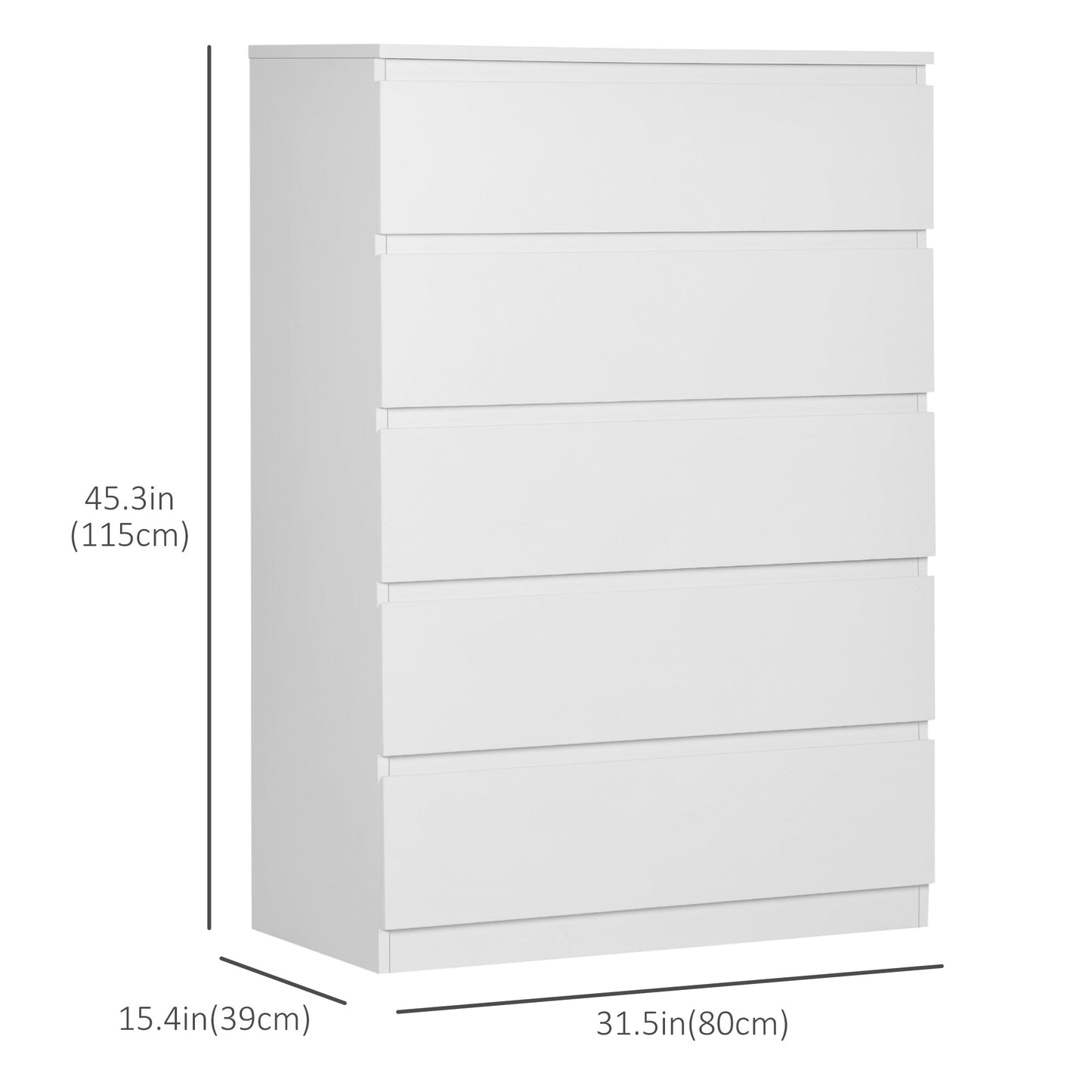 Commode 5 tiroirs pour chambre à coucher avec glissières en alliage de zinc, blanc