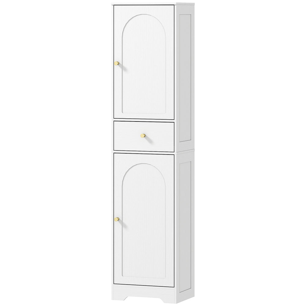 Meuble de rangement fin avec 2 portes, tiroir et étagère réglable, aspect bois blanc
