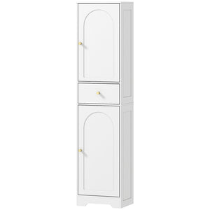 Meuble de rangement fin avec 2 portes, tiroir et étagère réglable, aspect bois blanc