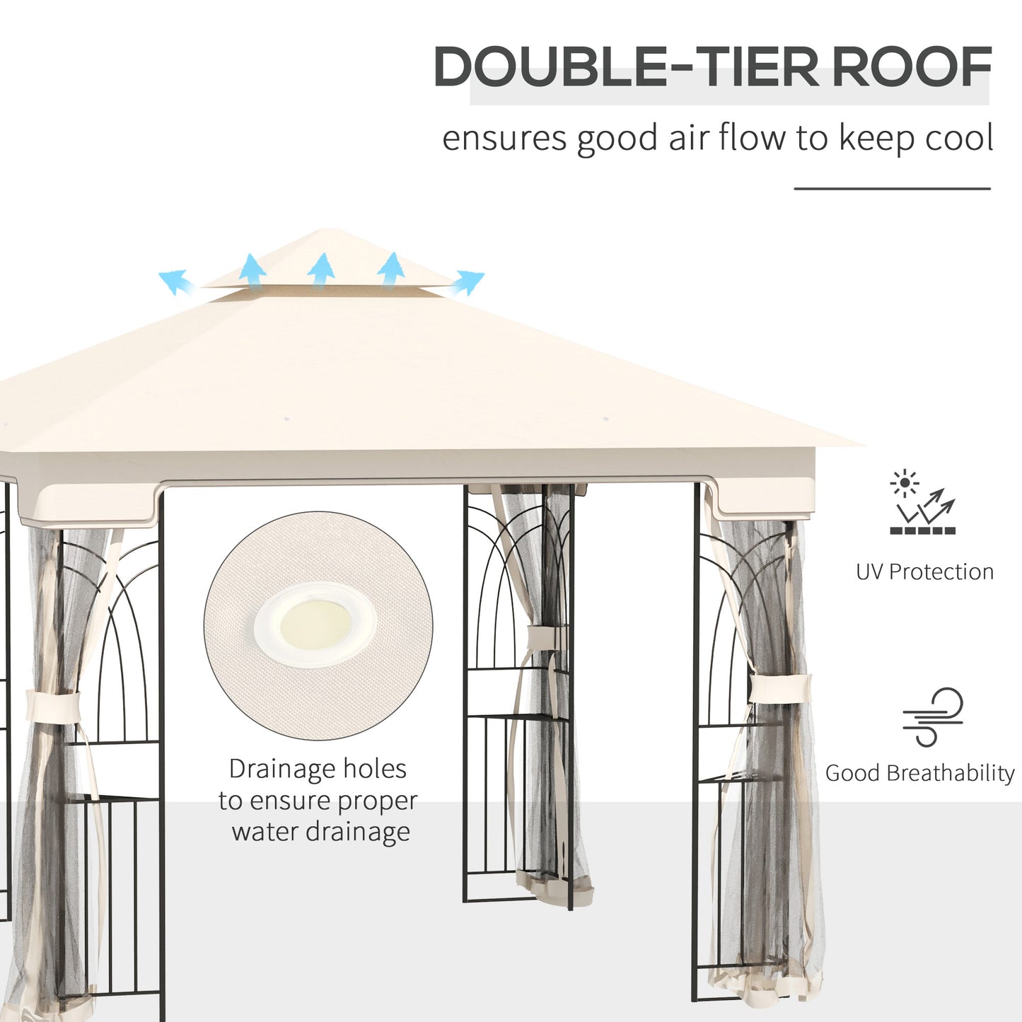 Gazebo de terrasse 10'x10' à toit souple avec toit à deux niveaux, rideaux en maille, étagères de présentation, crochets supérieurs, couleur crème