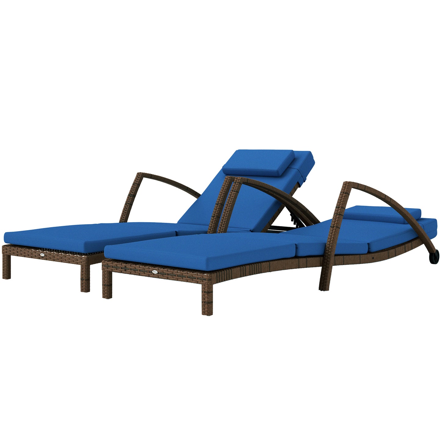 Lot de 2 chaises longues d'extérieur en osier avec dossier réglable sur 5 niveaux, roulettes, coussin et accoudoirs, bleu